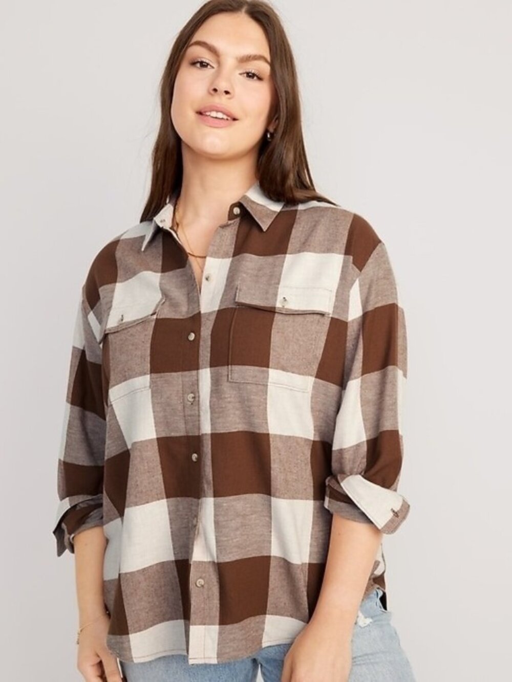 Old Navy Boyfriend Shirt Button Up Soft Brown Cream Plaid Relaxed Flannel XL